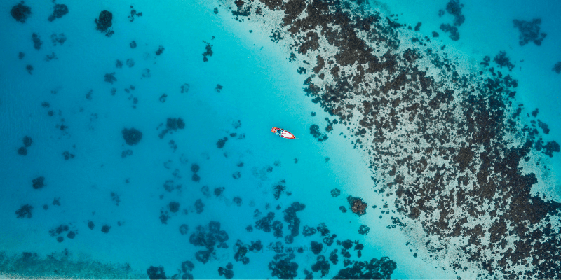 Dive into the vibrant world of the Pacific with this aerial shot of a colorful coral reef and turquoise waters—perfect for adventure travellers.